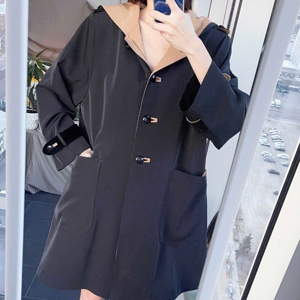 Vintage Oversized Hooded Jacket: Black & Mustard Lightweight Coat (XL)